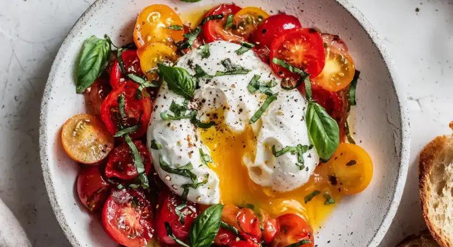 En krämig burrata med färgglada tomater och färsk basilika, en perfekt sommarrätt.