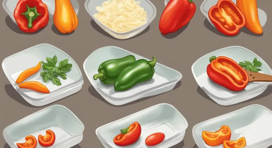 Förberedelser för att frysa paprika: hela och halverade paprikor i olika färger, samt lite strimlad ost och persilja.