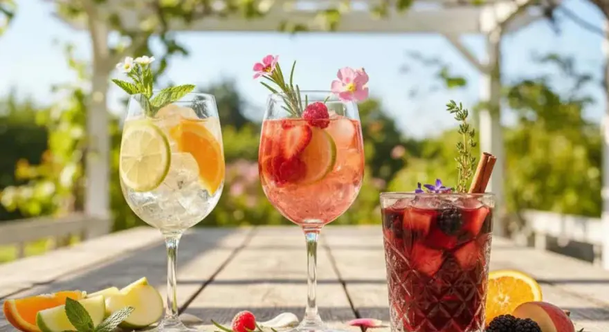 Tre färgglada sangrior med frukt och mynta på ett träbord utomhus. Perfekt för ett enkelt sangria recept.