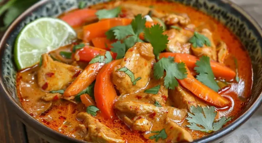 En skål med kyckling i en krämig, kryddig röd curry med morötter och färsk koriander. En limeklyfta ligger på kanten.