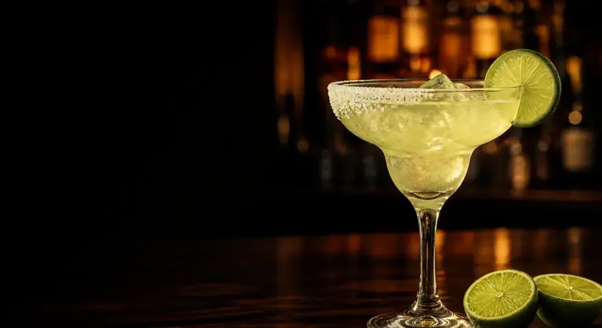 En svalkande tequila drink med saltkantad glas och lime, redo att avnjutas i baren.