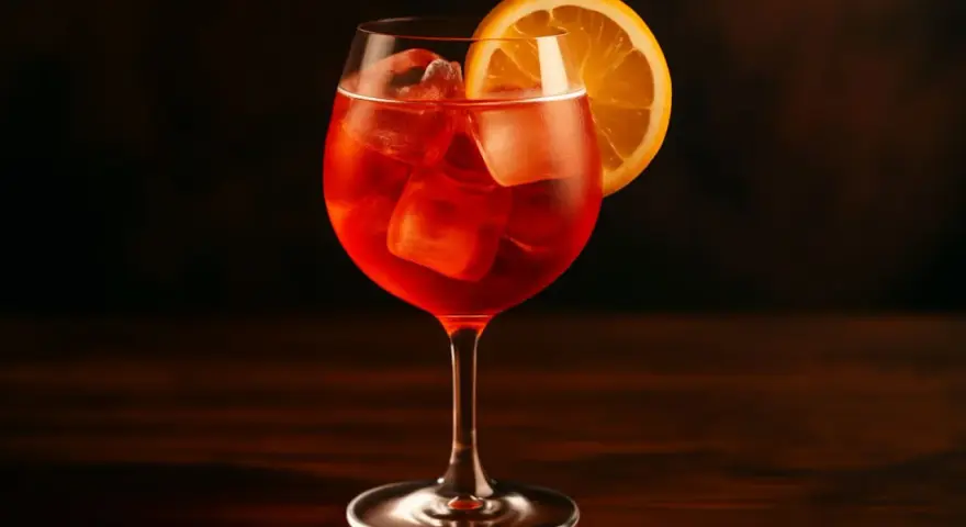 Ett glas Campari Spritz med is och apelsinskiva, perfekt för en solig eftermiddag.
