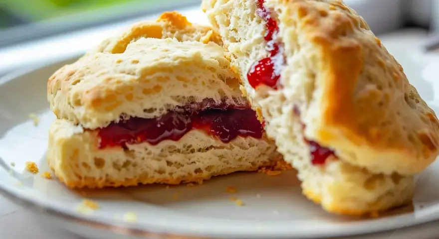 Två fluffiga glutenfria scones med sylt på en vit tallrik. Perfekt för fikat!
