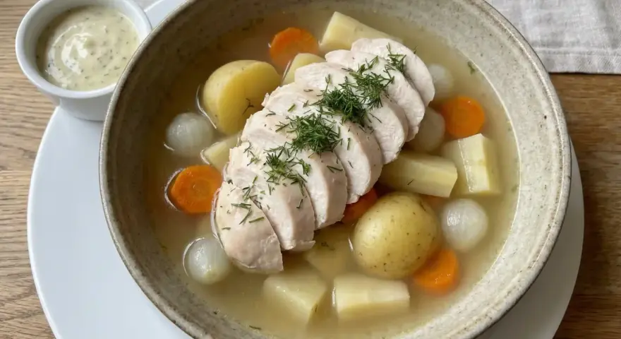 Varm kycklingsoppa med potatis, morötter och lök. Perfekt innertemp kyckling, toppad med dill. Serveras med en krämig sås.