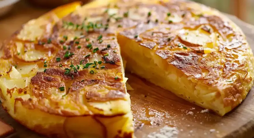 En gyllene spansk omelett med potatis och lök, toppad med färska örter, skuren och redo att serveras.