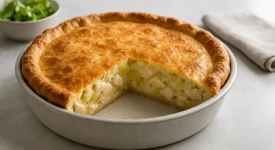 En gyllene kycklingpaj med en bit borttagen, som visar saftig kyckling och potatis. Ett perfekt kycklingpaj recept för middagen.
