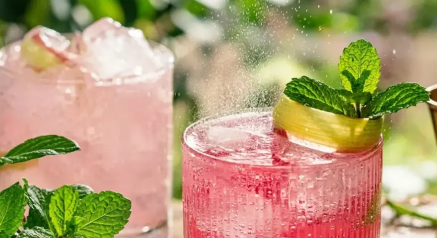 Två glas med rosa rabarbersaft utan att koka, is och mynta. Sprudlande och uppfriskande drycker för en varm sommardag.