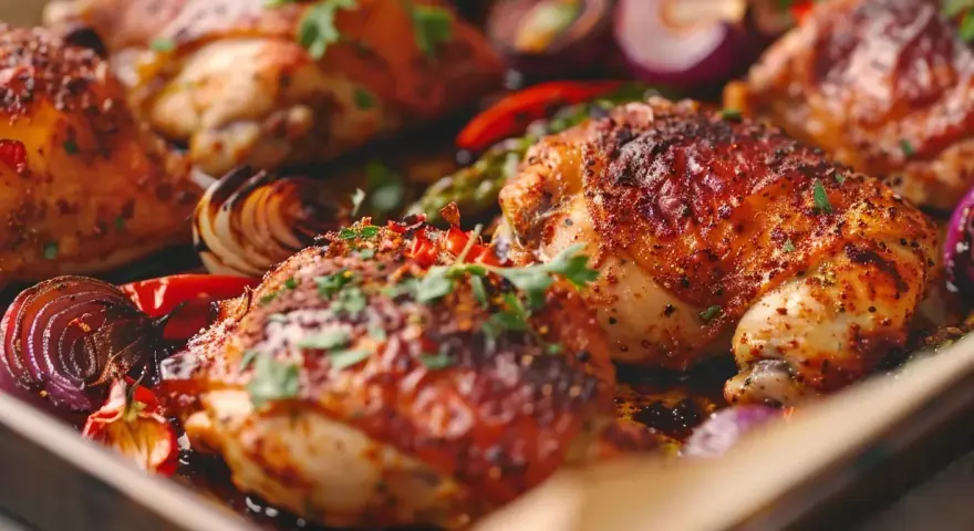 Ugnsbakad kyckling med krispigt skinn, kryddad med örter och serverad med rostade rödlökar och paprika. En härlig rätt att krydda kyckling med!