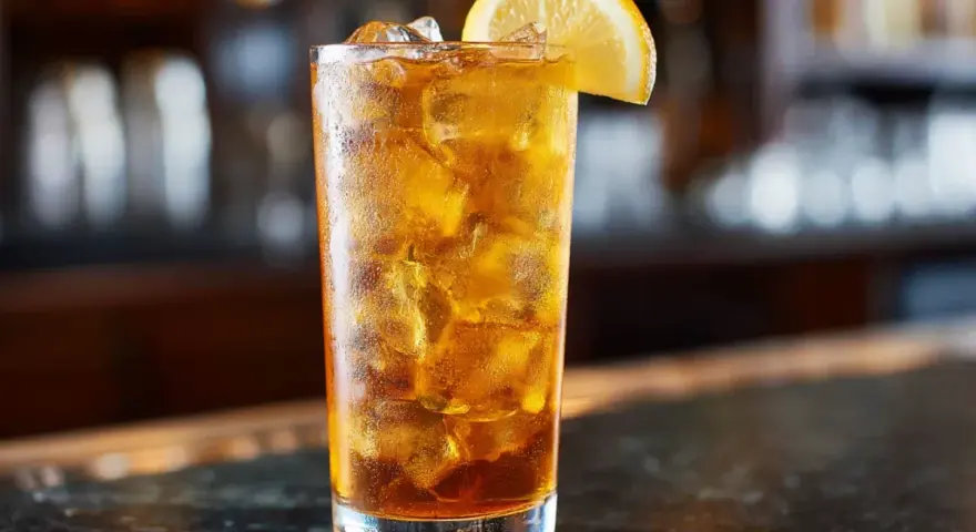 Ett glas med is och en citronskiva, en klassisk Long Island Iced Tea.