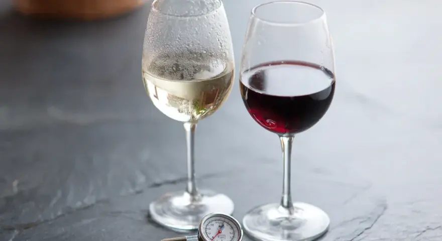 Två glas vin, ett vitt och ett rött, med en termometer bredvid. Perfekt vitt vin temperatur är viktigt för njutning.