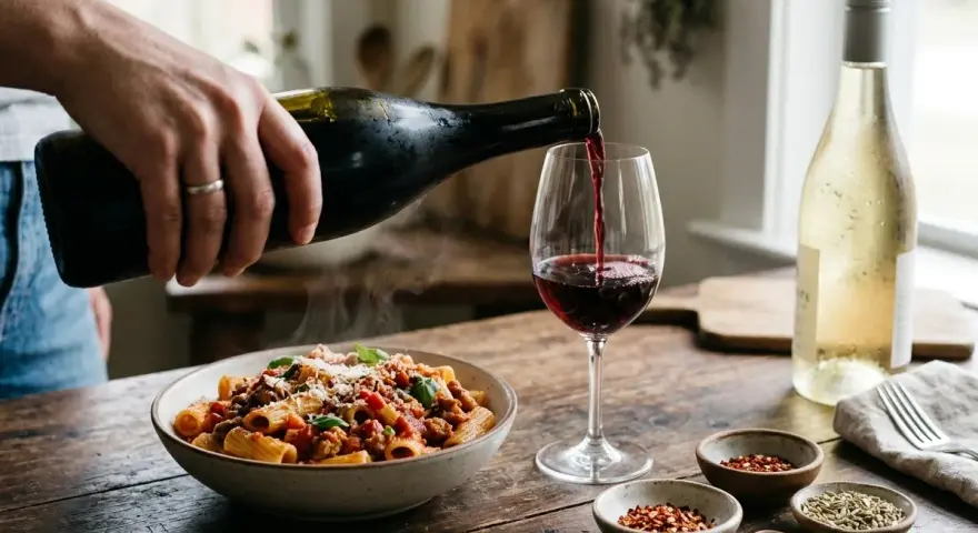 Rödvinet hälls upp i ett glas bredvid en skål med rykande salsicciapasta. Perfekt vin till salsiccia pasta.