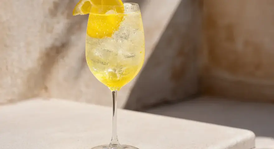 Ett glas med is och en citronskiva, fyllt med en bubblig limoncello spritz.