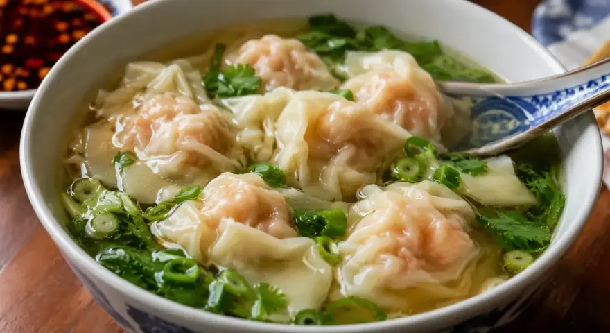 En skål med ångande dumplings i buljong, garnerad med färska örter och salladslök. En perfekt och värmande måltid.