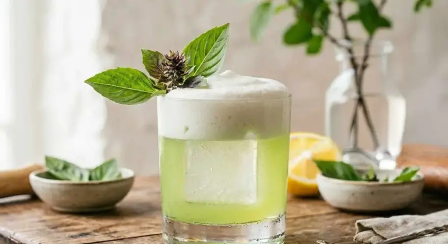 En uppfriskande thai basil drink med skummig topp, garnerad med färska basilikablad. En perfekt sommardrink.