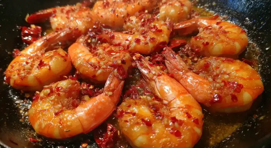 Friterade räkor i en stekpanna med chili och vitlök. De ser saftiga och smakrika ut.