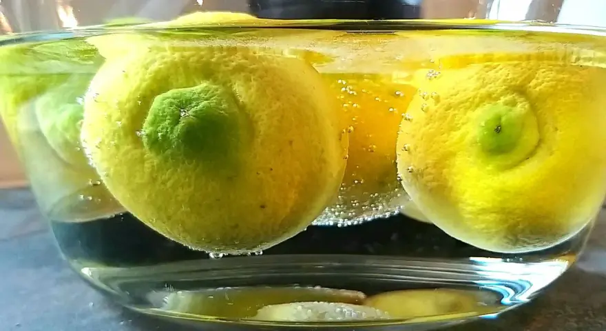 Citroner i en skål med bubblor, redo för ett limoncello recept.