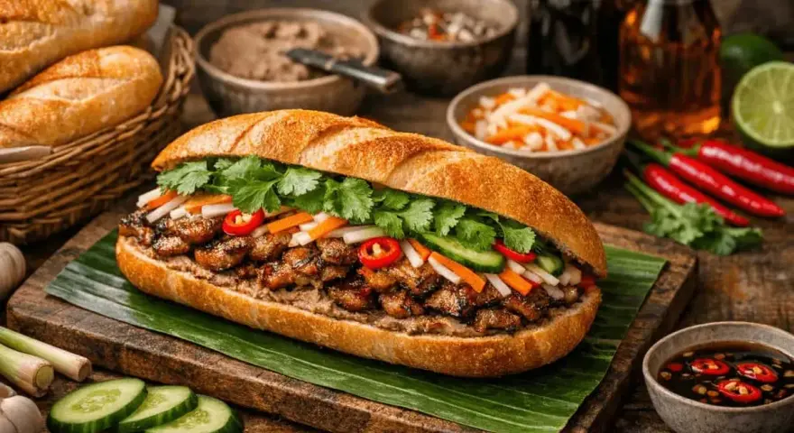 En saftig banh mi med grillat kött, färska grönsaker och örter. Perfekt för ett snabbt och smakrikt banh mi recept.