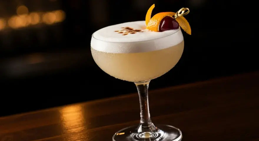 En perfekt vodka sour med fluffigt skum, garnerad med apelsinskal och körsbär.
