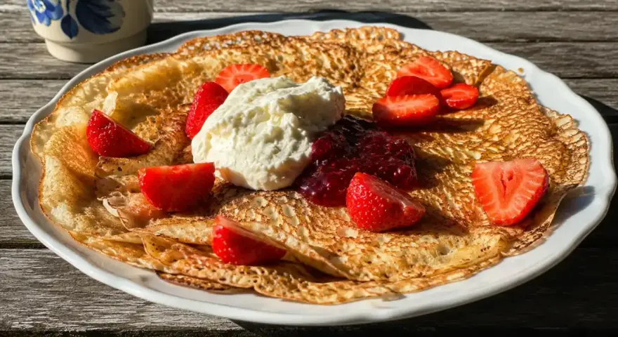 En stor pannkaka med vispad grädde, jordgubbar och sylt. Perfekt för ett enkelt pannkakor recept.