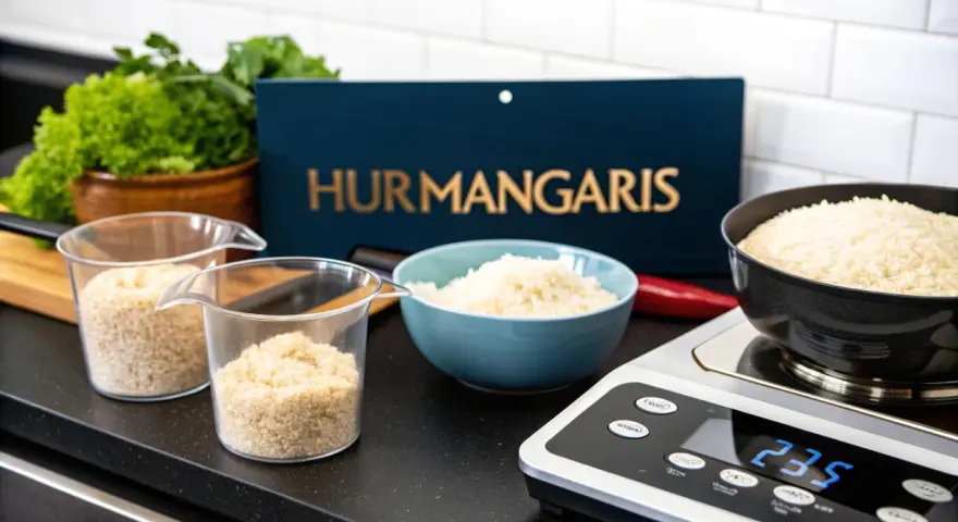 Mät upp ris för att veta hur mycket ris per portion. En digital våg visar 235.