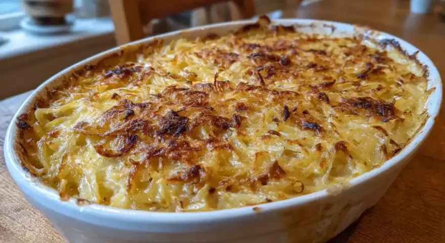 En gyllene Janssons frestelse i en vit ugnsform, redo att serveras. Ett klassiskt recept som doftar jul.