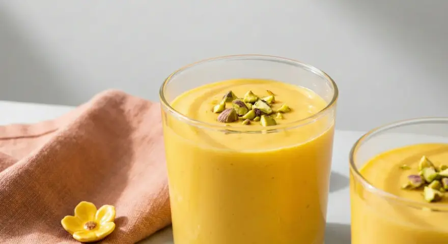 Två glas med krämig indisk yoghurtdryck, toppad med hackade pistagenötter. En rosa servett och små blomformade dekorationer ligger bredvid.