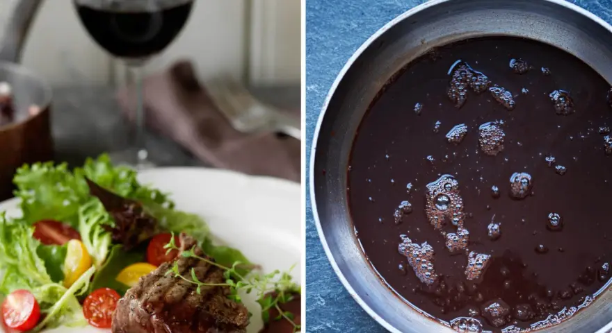 En saftig biff med rödvinssås och sallad. En annan panna visar en mörk sås som bubblar. Tänk om man kunde njuta av vin i maten när man är gravid!