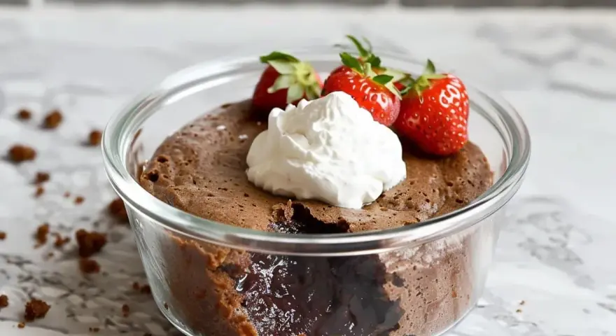 En kladdkaka i micro, perfekt för en snabb fikastund. Toppad med vispgrädde och färska jordgubbar.