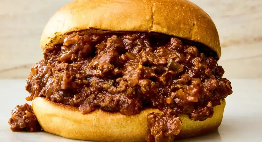 En saftig sloppy joe med köttfärs och en mjuk bulle.