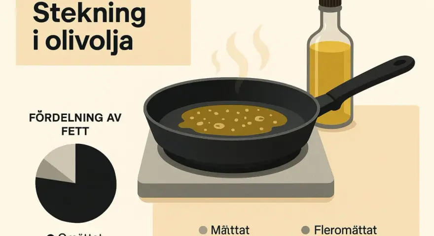 Stekning i olivolja. En stekpanna med bubblande olja och en flaska olivolja bredvid. Diagram visar fördelning av fett.