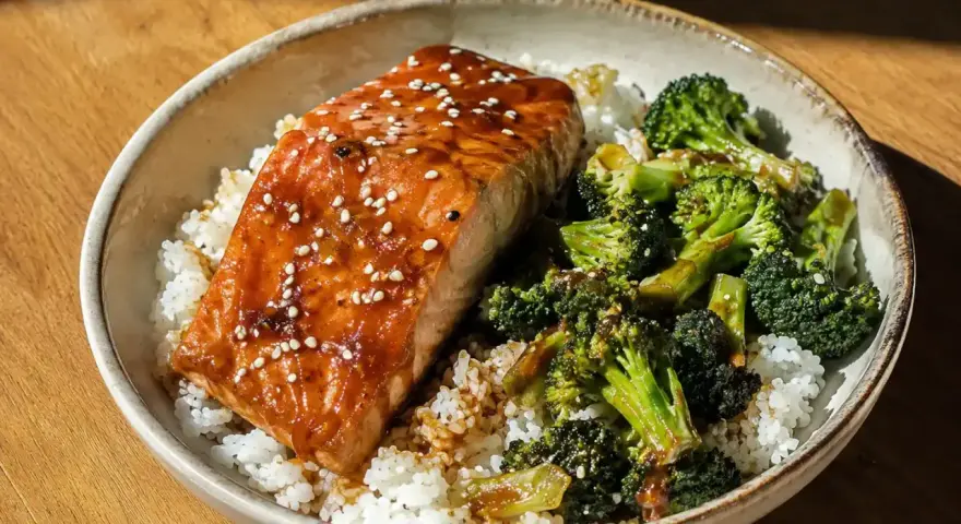 En skål med ris, saftig lax teriyaki toppad med sesamfrön och ångad broccoli.