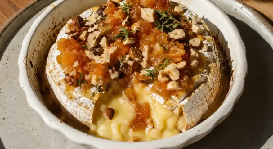 Ugnsbakad brie med nötter och marmelad, perfekt för en mysig kväll.