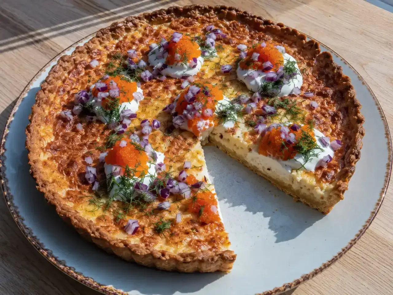 En gyllene ostpaj med en bit borttagen. Toppad med gräddfil, rödlök, rom och dill. Ett perfekt ostpaj recept för festen!