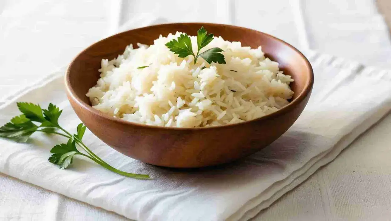 En sk&aring;l med fluffigt vitt ris, garnerat med persilja. Perfekt f&ouml;r att avg&ouml;ra hur mycket ris per portion du beh&ouml;ver.