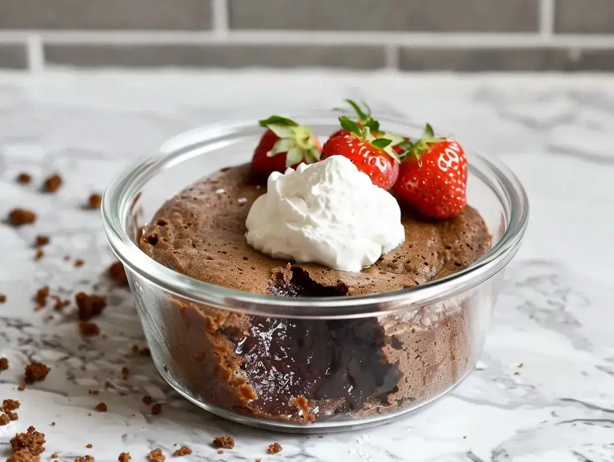 Kladdkaka i micro, perfekt f&ouml;r en snabb fikastund. Serverad med vispgr&auml;dde och f&auml;rska jordgubbar.