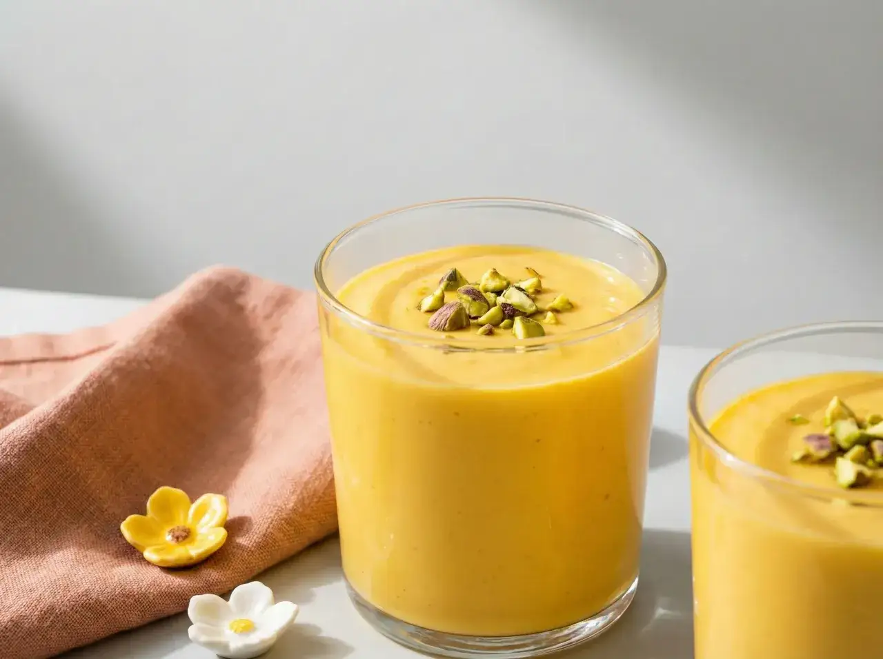 Tv&aring; glas med kr&auml;mig indisk yoghurtdryck, toppad med hackade pistagen&ouml;tter. En rosa servett och sm&aring; blomformade dekorationer ligger bredvid.