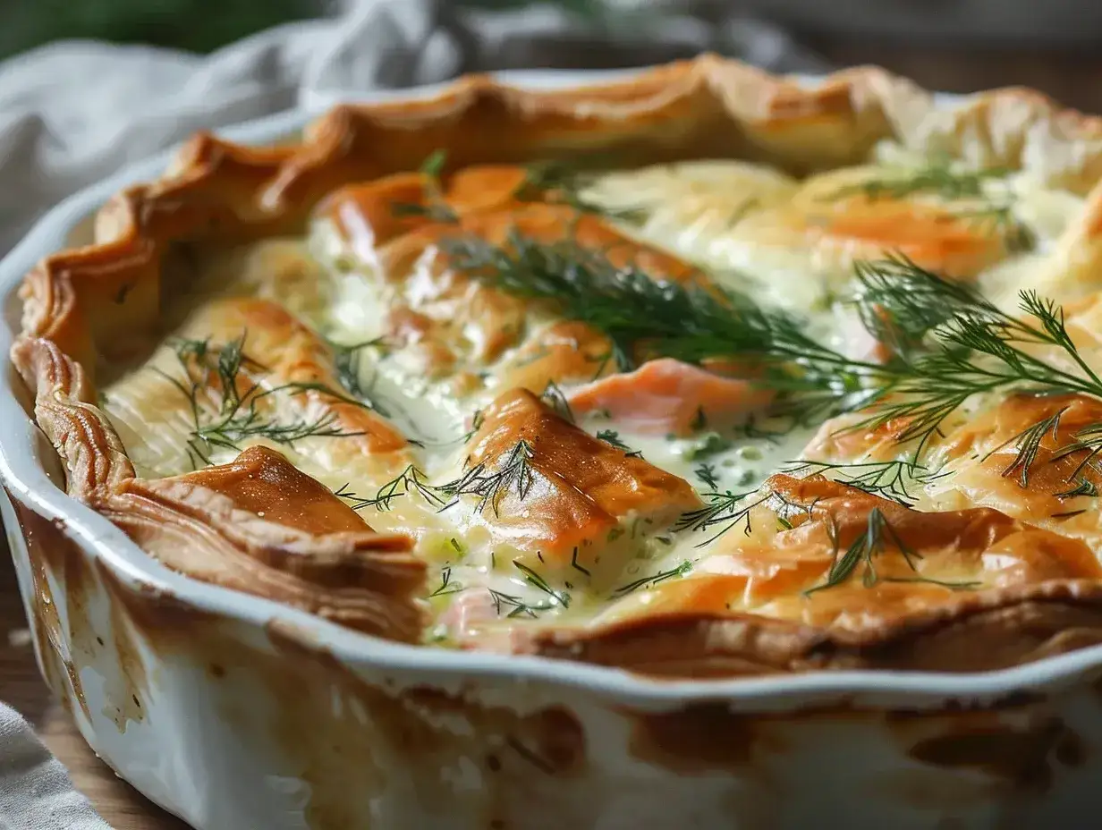 En gyllene laxpaj med spenat, fylld med saftig lax och kr&auml;mig s&aring;s, toppad med f&auml;rsk dill.