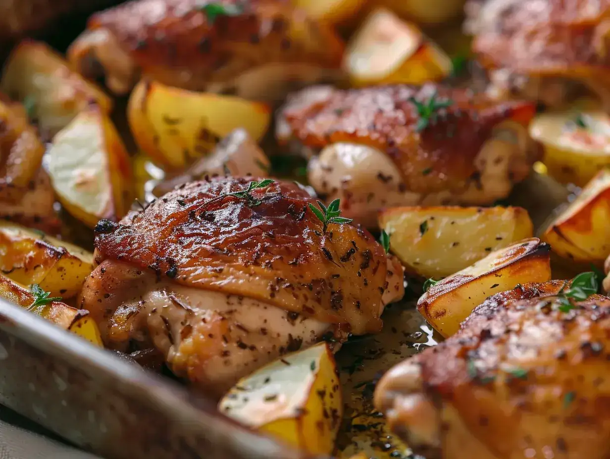 Ugnsrostad kyckling med klyftpotatis, perfekt innertemp kyckling med krispigt skinn och gyllene potatis.