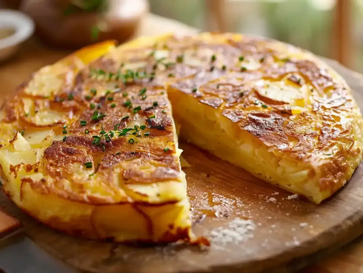 En gyllene spansk omelett med potatis och l&ouml;k, toppad med f&auml;rska &ouml;rter, skuren och redo att serveras.