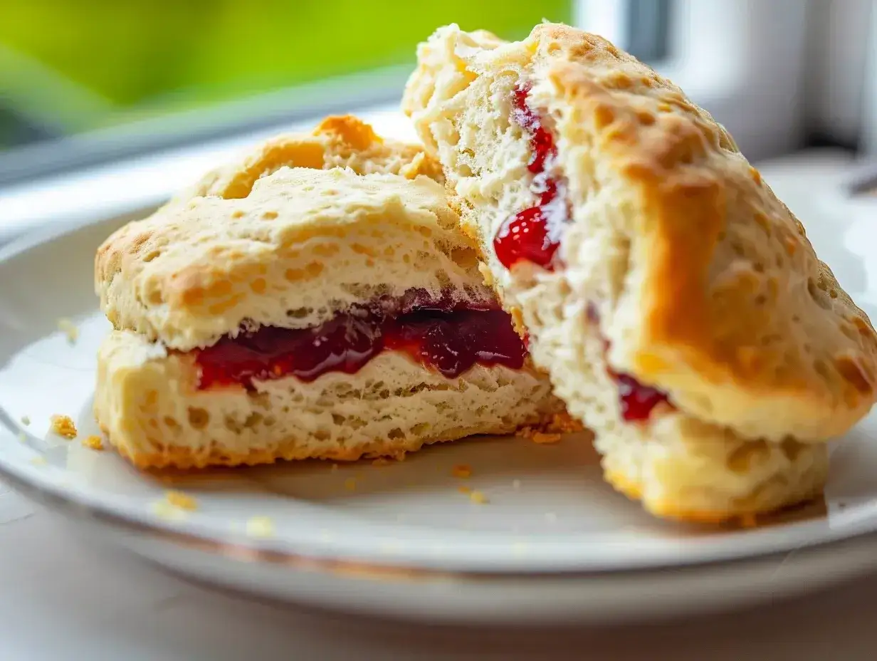 Tv&aring; fluffiga glutenfria scones med sylt p&aring; en vit tallrik. Perfekt f&ouml;r fikat!