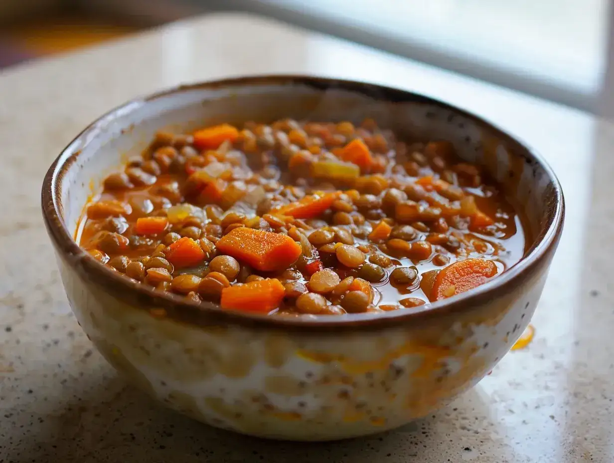 En sk&aring;l med mustig linsgryta med mor&ouml;tter. Ett perfekt linser recept f&ouml;r en v&auml;rmande m&aring;ltid.