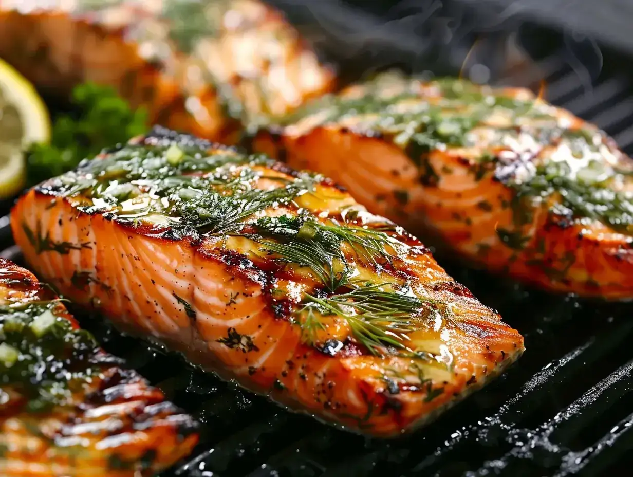 Saftig grillad fisk med &ouml;rter och citron p&aring; en grill. Doften av grillad fisk sprider sig.