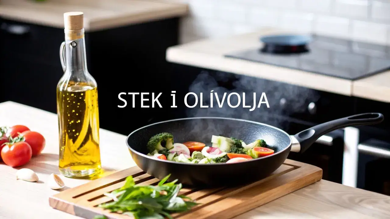 Gr&ouml;nsaker fr&auml;ser i en stekpanna med olivolja. Bredvid st&aring;r en flaska olivolja och f&auml;rska tomater.