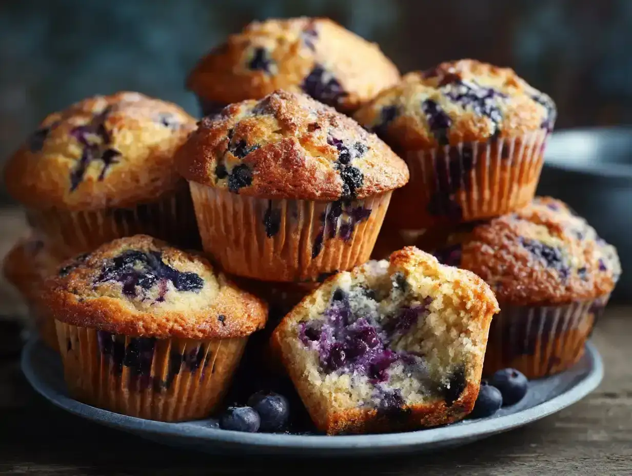 En hög med fluffiga blåbärsmuffins, ett perfekt recept för fika. En muffin är delad och visar saftigt inre.
