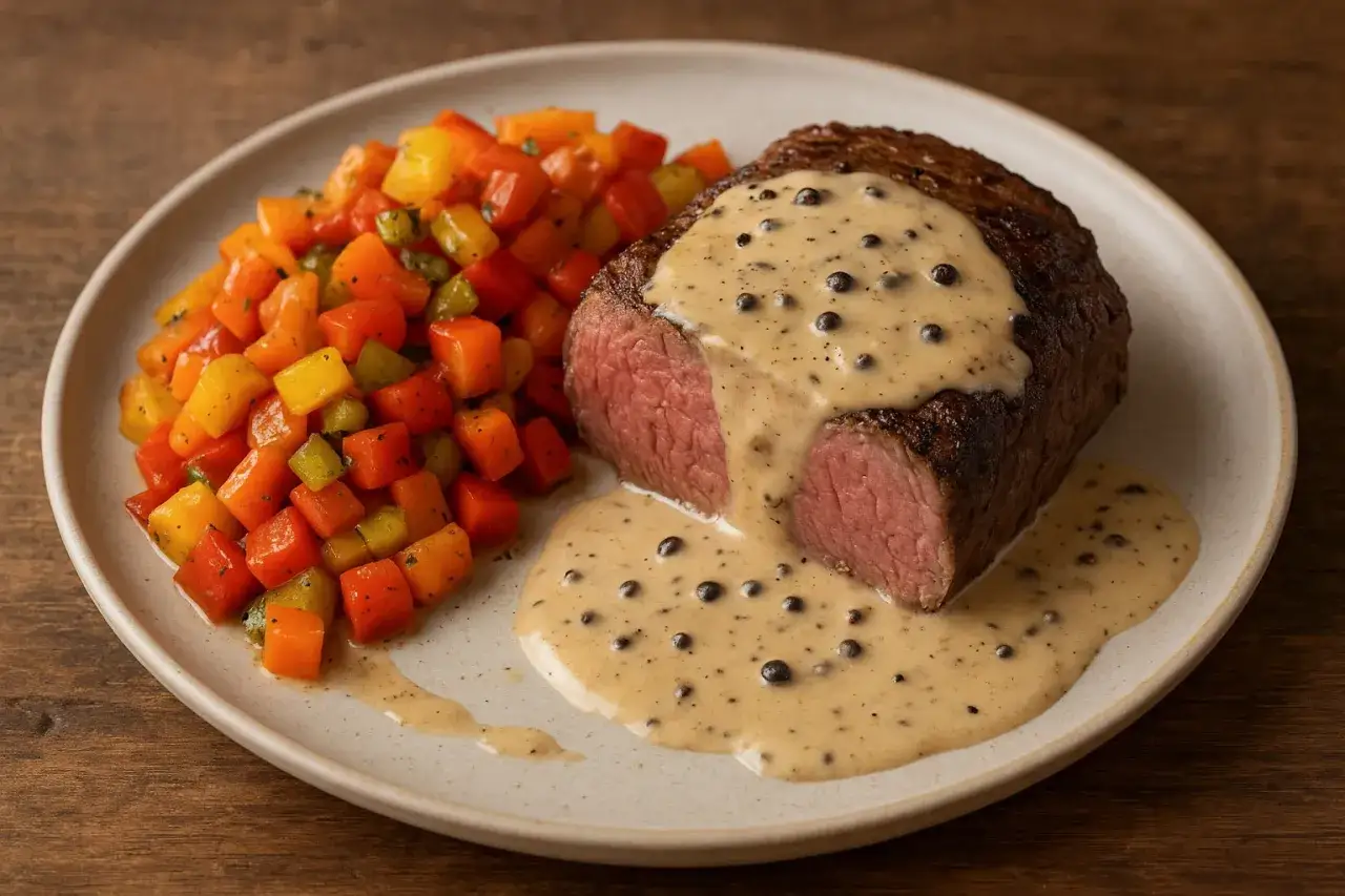 Saftig oxfil&eacute; med peppars&aring;s och t&auml;rnade gr&ouml;nsaker. Ett perfekt oxfile recept f&ouml;r en lyxig middag.