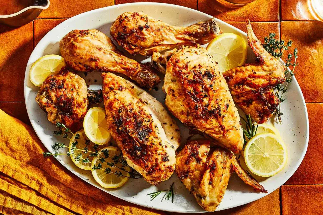 En tallrik med saftig, gyllene kycklingdelar, perfekt krydda kyckling med citronklyftor och f&auml;rska &ouml;rter.