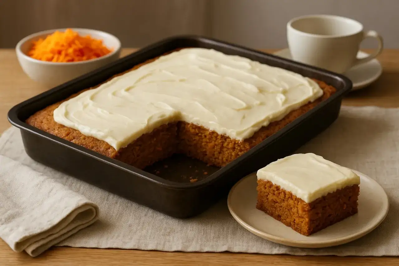 En saftig morotskaka i långpanna med krämig frosting. En bit är upplagd på en tallrik bredvid.