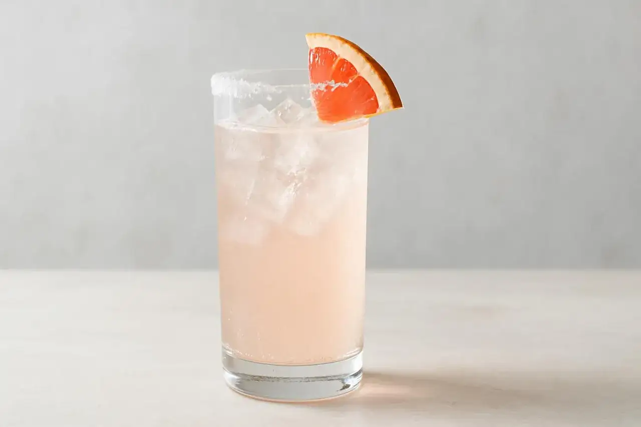 En uppfriskande paloma drink med is och en grapefruktskiva som garnering.