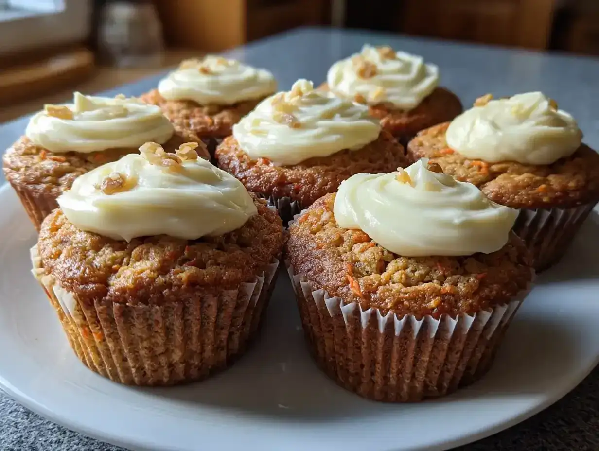 Sju saftiga morotskaka muffins med kr&auml;mig frosting och hackade n&ouml;tter. Perfekta till fikat!