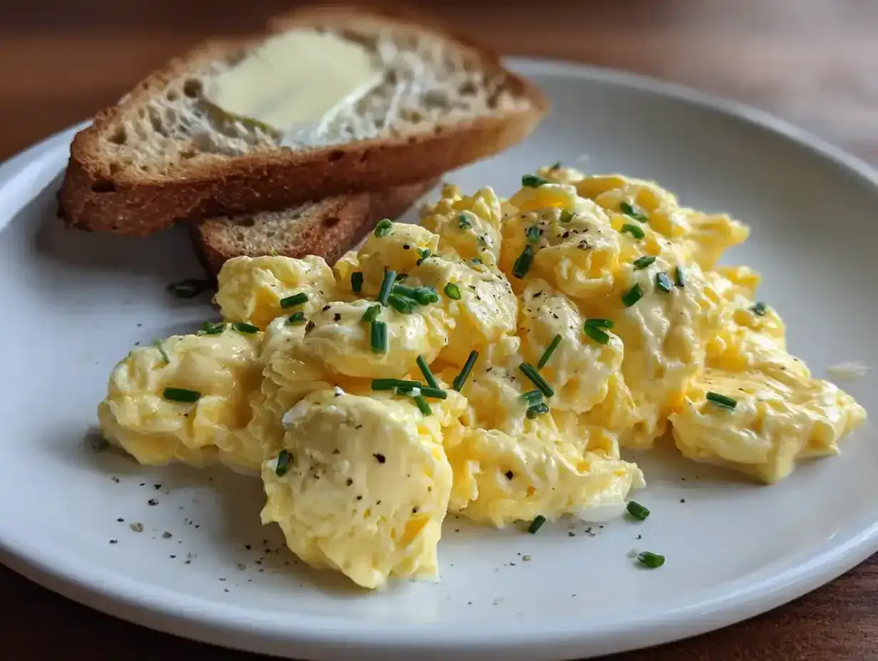 Kr&auml;miga &auml;ggr&ouml;ror med gr&auml;sl&ouml;k och peppar, serverade med rostat br&ouml;d med sm&ouml;r. Ett enkelt och gott scrambled eggs recept.
